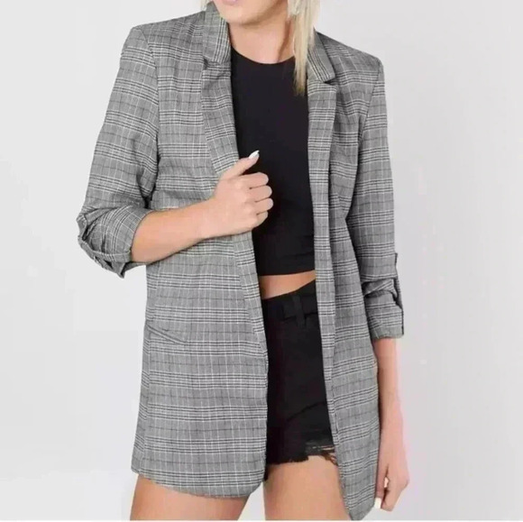 Stoosh classic preppy plaid checkered open roll tab sleeve blazer - Picture 1 of 4